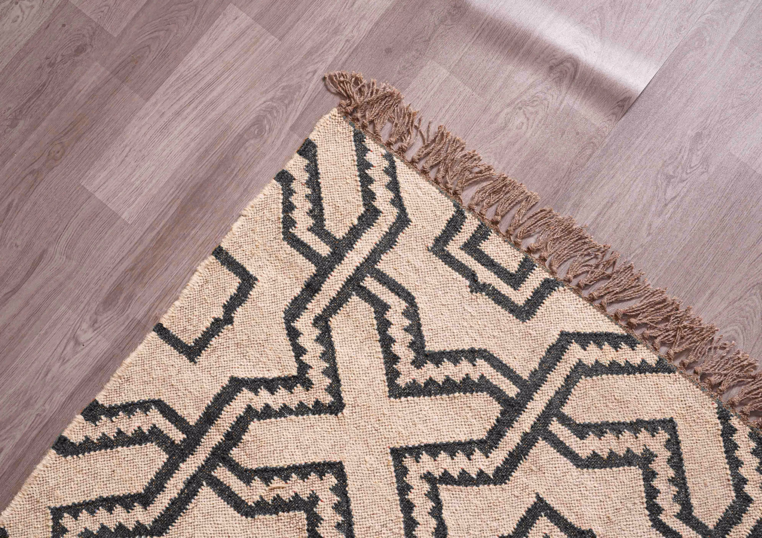 Indian Hand Woven Off White with Black Design Wool Jute Kilim Rug with